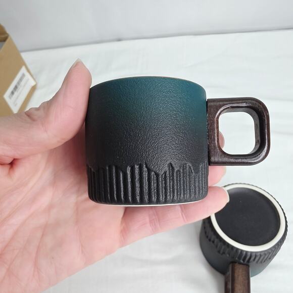 Dark Green 2 oz Ceramic Espresso Cups Set of 2 Wooden Handle New - Picture 6 of 7